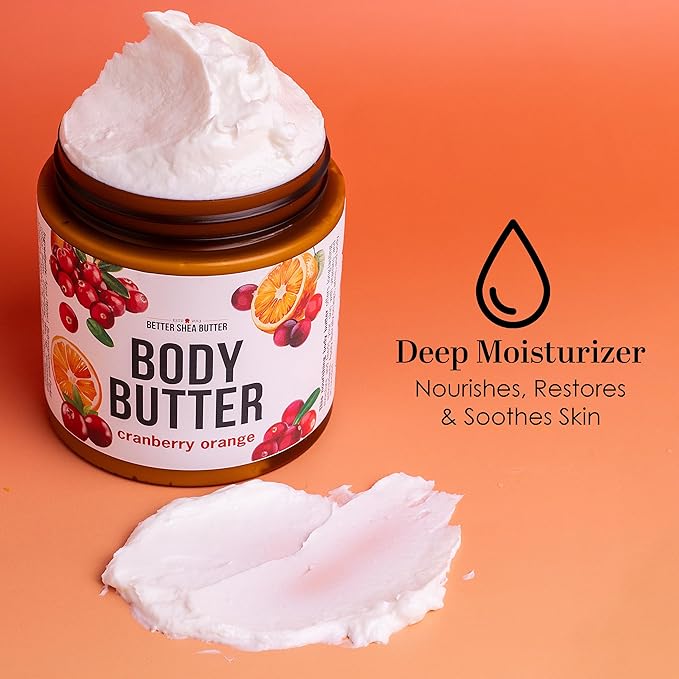 Cranberry Orange Body Butter with Raw Shea Butter and Jojoba Oil, Body Moisturizer for Dry Skin, Sweet Citrus Hydrating Lotion for Women and Men