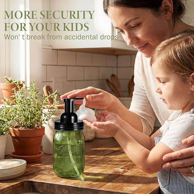 Amolliar Plastic Mason Jar Foaming Soap Dispenser Pump Lid, 16oz Foam Soap Dispenser with Cute Lables - Green Refillable Hand Soap Dispenser for Bathroom Kitchen Shower (2 Pack, Black)