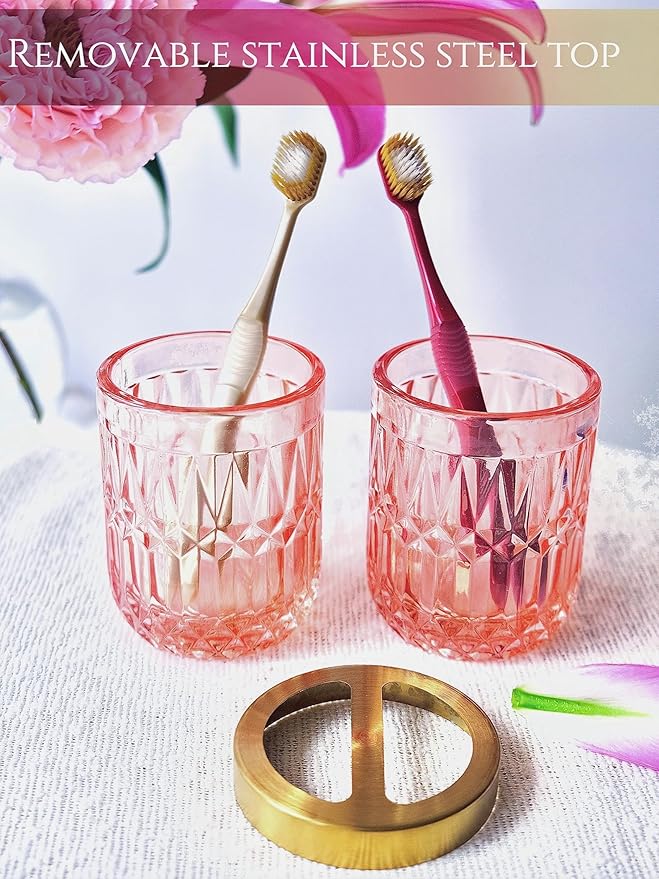 5pcs Clear Glass Bathroom Accessories Set, Crystal Pink Bathroom Decor Set, Soap Dispenser, Toothbrush Holder Set, Soap Dish, Tumbler, Qtips Holder, Modern Decor for Bathroom, Gift Set