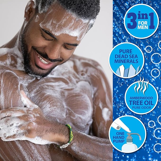 Dead Sea Collection Amber Wood Men’s Body Wash – 3 in 1 Body Wash for Men for Hair, Face & Body – Moisturizing Shower Gel with Dead Sea Minerals – Pack of 2 (33.8 fl oz each)