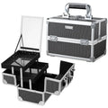 FRENESSA Makeup Case Organizer Cosmetic Box Storage Portable Makeup Train Case with Mirror 2 Trays Travel Vanity Box for Cosmetics Nail Kits Craft Tools Case Aluminum Hard Make Up Organizer Black