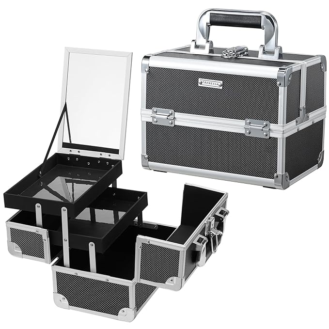 FRENESSA Makeup Case Organizer Cosmetic Box Storage Portable Makeup Train Case with Mirror 2 Trays Travel Vanity Box for Cosmetics Nail Kits Craft Tools Case Aluminum Hard Make Up Organizer Black