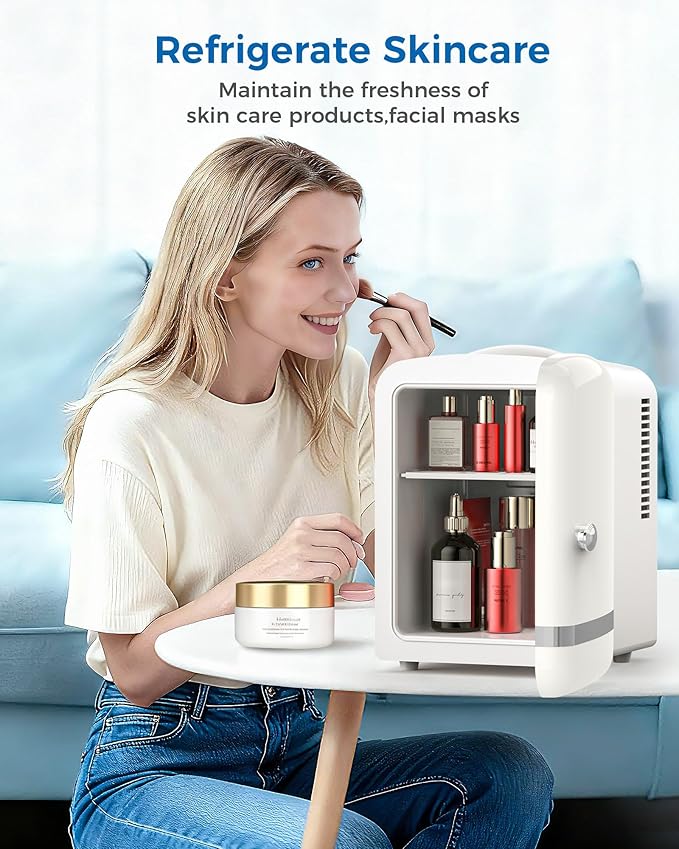 Mini Fridge for Bedroom, 4L/6 Cans Small Cosmetic Fridge for Skincare, Makeup, Medicine & Beverage, Portable Desk Fridge Cooler and Warmer for Kids, Car, Office, Dorm, White
