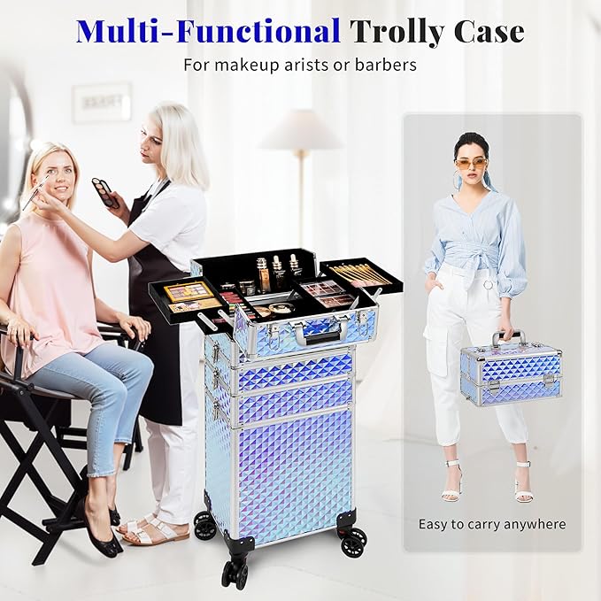 AROUS Rolling Makeup Train Case 4 in 1 Cosmetology Case on Wheels Large Storage Cosmetic Trolley with Key Salon Barber Case Traveling Cart Trunk, Colorful