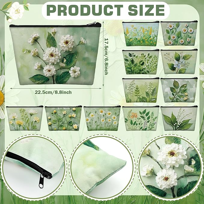 Sweetude 12 Pcs Spring Flower Makeup Bag Bulk Green Portable Travel Cosmetic Bags with Zipper Green Plant Floral Waterproof Roomy Travel Beauty Toiletry Organizer Storage Pouch for Women Spring Gifts
