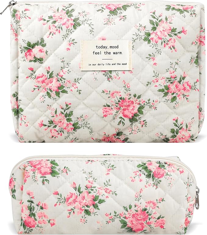 2Pcs Quilted Cotton Makeup Bag Large Travel Makeup Pouch Small Brush Holder Set for Women Floral Coquette Makeup Bag Cute Aesthetic Cosmetic Bag Blue Toiletry Organizer Storage Bag Big Zipper Pouch