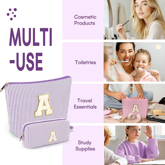 2 PCS Initial Makeup Bags for Women: Cosmetic Bag for Travel Toiletry - Birthday Gifts for 11 12 13 14 15 16 17 18 Years Old Girl Graduation Teacher Gift- Teen Girl Gifts Trendy Stuff - Purple J