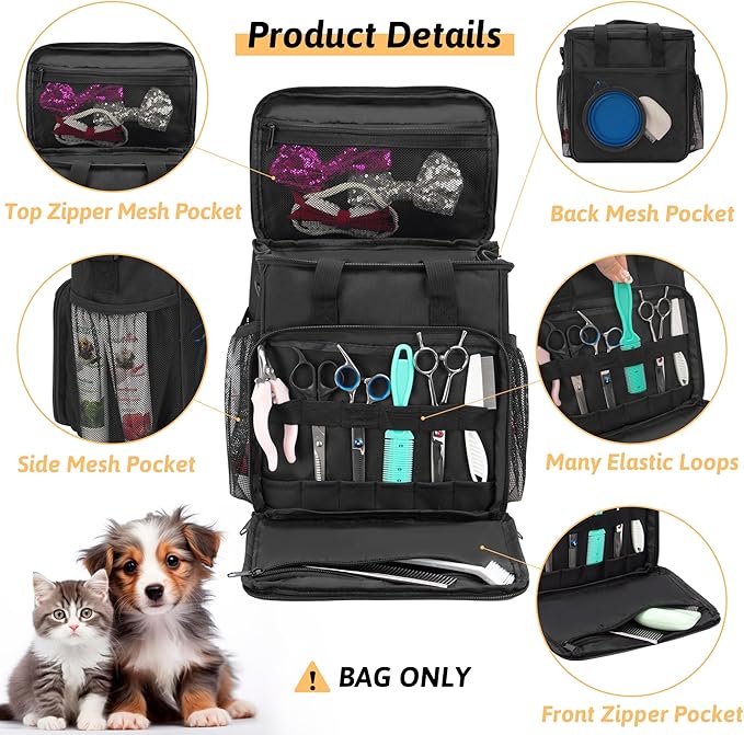 KISLANE Pet Grooming Tote Bag, Cat Grooming Tools Organizer Bag, Dog Grooming Supplies Organizer Storage for Pets Grooming Kit and Dog Wash Shampoo Accessories(Bag Only) (Black- New)