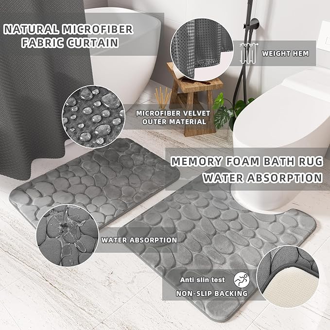Bathroom Accessories Set- 25PC Grey Bathroom Set, Bathroom Set with Shower Curtain and Rugs, Shower Curtain Set, Toilet Brush, Trash Can, Qtip Holder Dispenser & Soap Dispenser