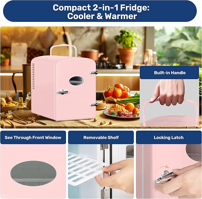 HealSmart Mini Fridge Portable 6 Liter/9 Can with Observation Window, Cooler&Warmer Small Desk Compact Refrigerator for Skin Care, Cosmetics, Beverage, Food in Bedroom, Car, Office, Dorm, Pink