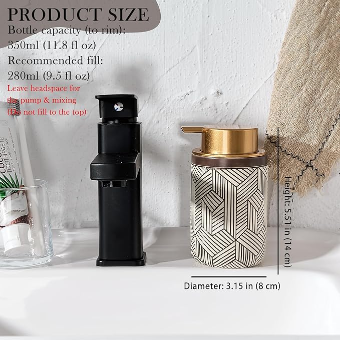 Brown Foaming Soap Dispenser,Ceramic Foam Soap Dispenser for Bathroom&Kitchen,12oz Foam Dispenser with Plastic Gold Pump(Unique&Modern)