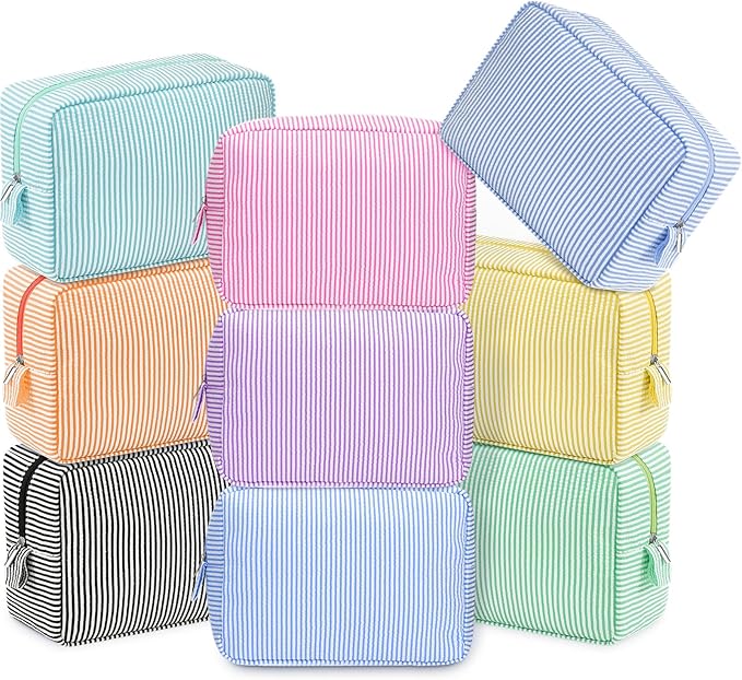 Sanwuta 9 Pcs Seersucker Cosmetic Bag Bulk Pinstripe Makeup Bag for Women Aesthetic Cute Travel Toiletry Organizer Preppy Storage Pouch for Wedding Bridesmaid Christmas Gift (Large, Candy Color)