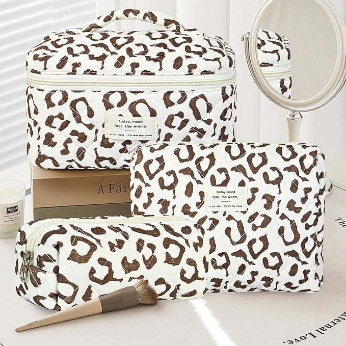 3Pcs Makeup Bag Cotton Quilted Travel Cosmetic Bag Cute Floral Makeup Pouch Large Toiletry Bag for Women Girls