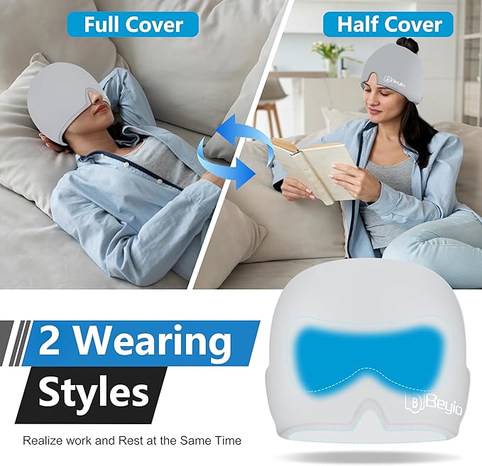 Migraine Relief Cap, All Around Gel Covered Reusable Headache Relief Cap, Black Migraine Cap for Headache Relief, Puffy Eyes (Gray)