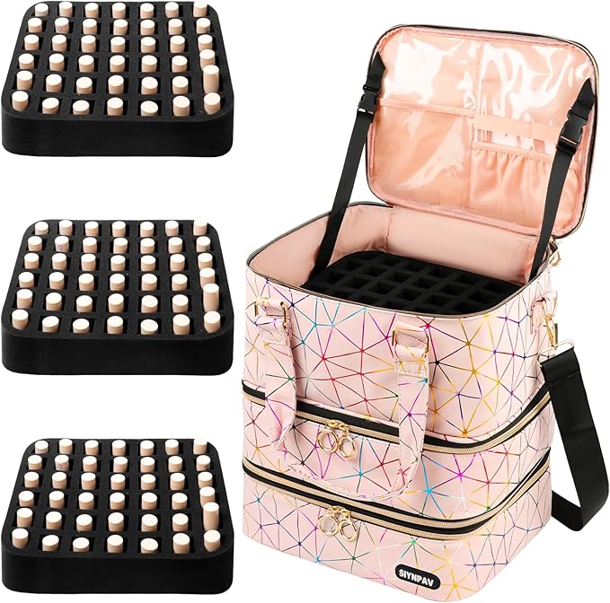 Nail Polish Organizer Bag Holds 126 Bottles (15ml/0.5fl.oz)& Nail Lamp, 3 Layers Detachable Nail Kit Storage Case PU Leather, Large Travel Nail Supplies Shoulder Bag for Manicure Tools (Pink)