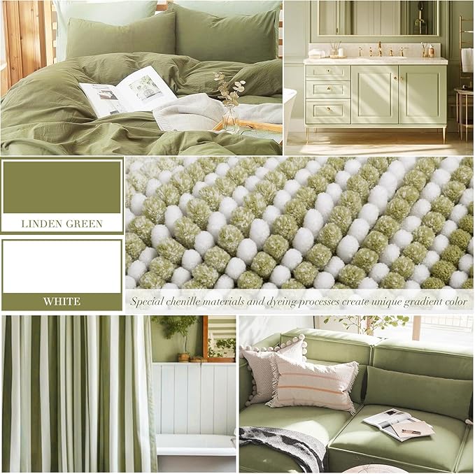 Bathroom Rugs Sets 2 Piece, Toilet Rugs U-Shaped, Contour Bath Mat Rugs Set for Toilet Bathroom, Soft Absorbent Chenille Bath Carpet, Quickly Dry, Washable (Linden Green, 32" x 20" + 24" x 20")