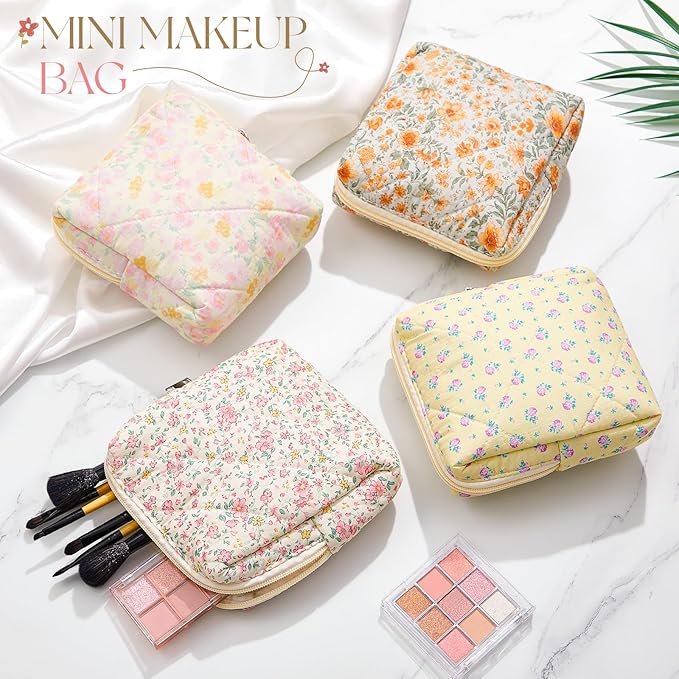 Paterr 4 Pcs Mini Quilted Floral Makeup Bag Women Gifts Small Cosmetic Bag Floral Quilted Makeup Pouch with Zipper Cute Travel Toiletry for Mom Teacher Women Girls Gifts(Pink, Orange Flower)