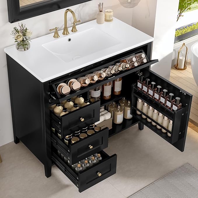 Harper & Bright Designs 36" Bathroom Vanity with Sink, Free Standing Vanity Set with 4 Drawers, Storage Racks, and Adjustable Shelf, Wood Bathroom Cabinet with Ceramic Basin for Bathroom, Black