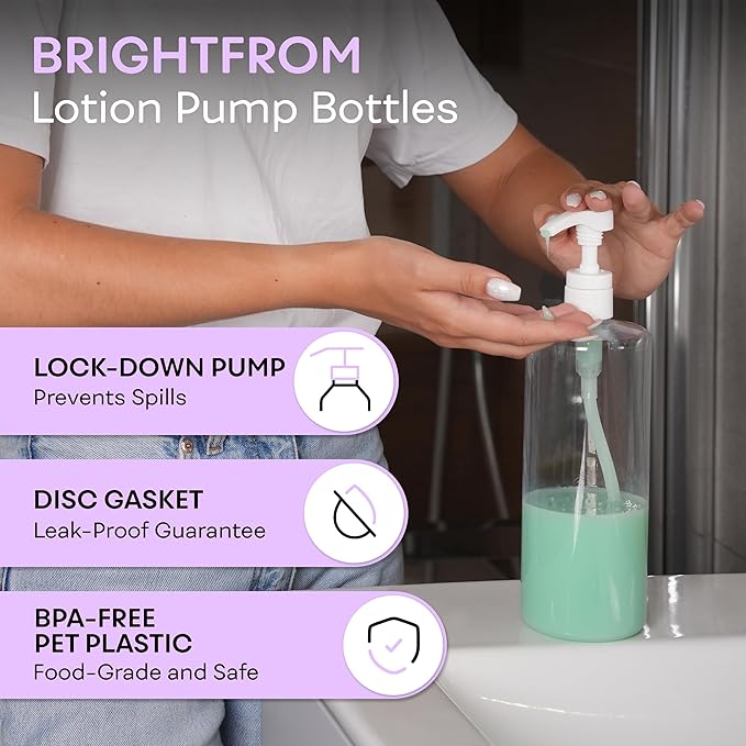 BRIGHTFROM Empty Shampoo Pump Bottles, 32 OZ / 1 Liter, BPA-Free Cylinder Containers, Household & Commercial Use, 2 Pack - Leak Proof