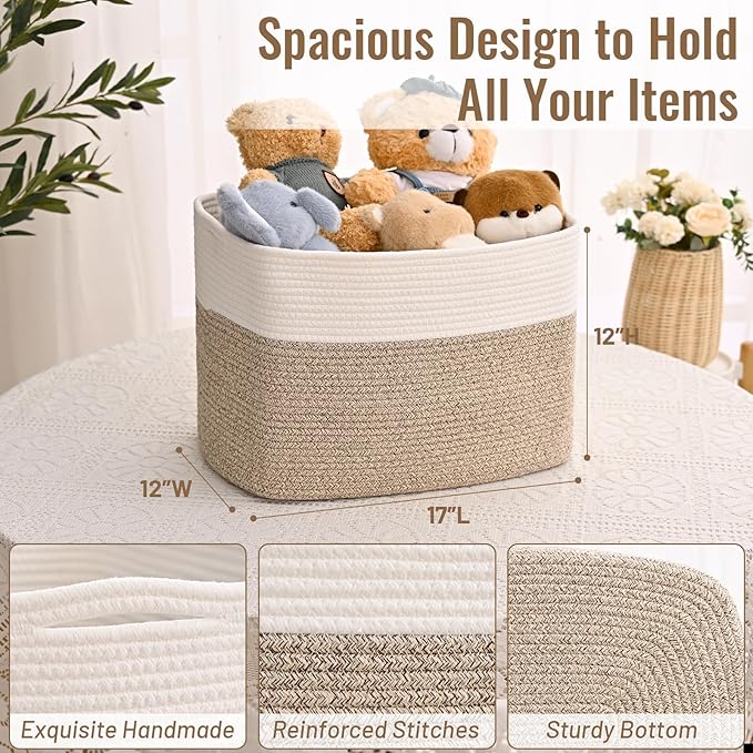 3 Pack Cube Storage Bin, 17”x12”x12” Cotton Rope Woven Baskets for Organizing Toys Clothes Towels, Square Gift Storage Baskets for Shelf, Nursery, Closet, Bathroom, Pantry (White & Jute)