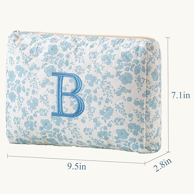 HBselect Initial Quilted Makeup Bag, Cotton Large Travel Makeup Bag, Cute Floral Coquette Make up Bag Cosmetic Bag Toiletry Bag for Women Girls B