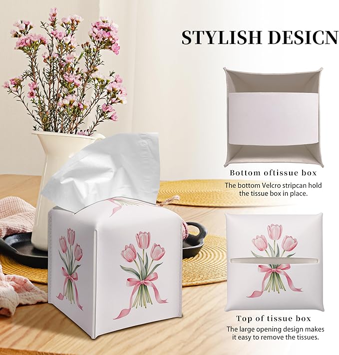 Grace Yonks Cute Tissue Box Cover Square - Pink Tulip Bouquet & Ribbon Design 5.2" PU Leather Holder for Vanity, Desk, or Bathroom Counter - Cube Case for Facial Tissues(010)