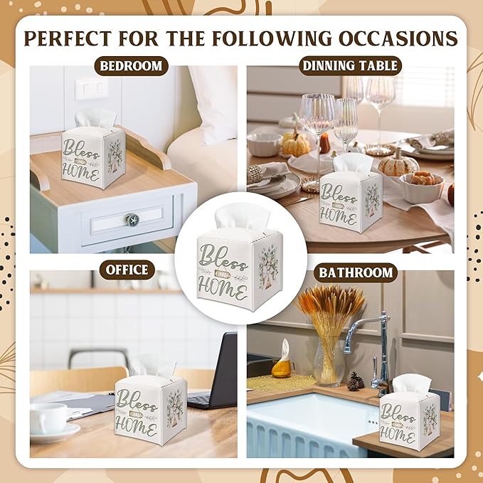 Bless Home & Flowers Bow Design Tissue Box Cover - Vintage PU Leather Waterproof Tissue Holder - Facial Paper Organizer for Home Bathroom Office - Desk Decorative Dispenser Box-B02