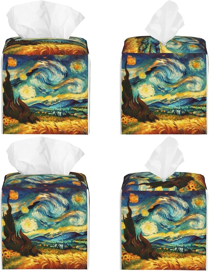 Starry Night Tissue Box Cover Square, Abstract Impressionist Oil Painting Tissue Box Holder Waterproof Leather Facial Paper Organizer Dispenser for Bathroom Home Car Nightstand Vanity Desk
