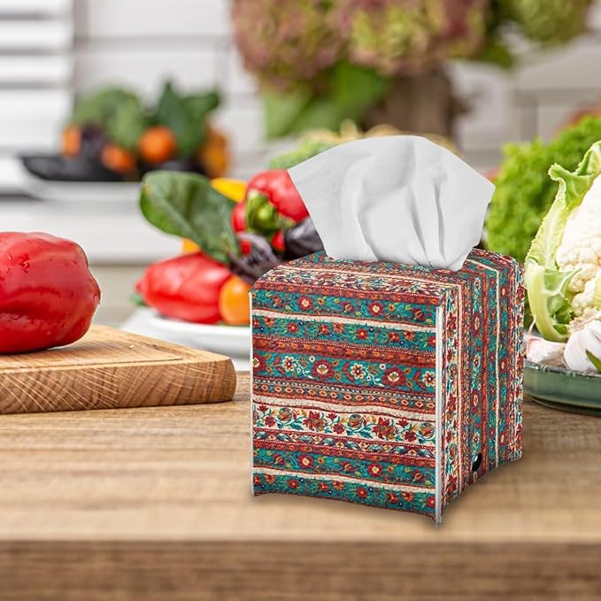 Brown Aztec Tissue Box Holder Waterproof PU Leather Square Modern Tissue Box Cover with Metal Button Napkin Holder for Home Office Car