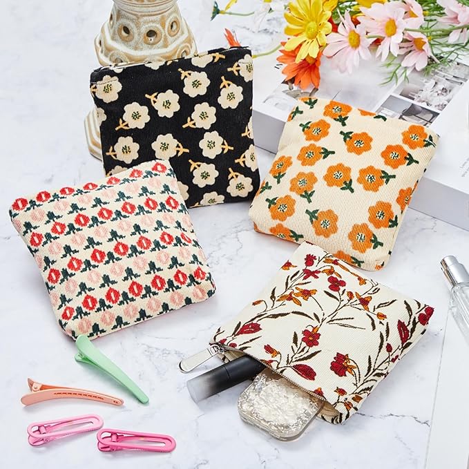 Abbylike 4 Pcs Small Makeup Bag Corduroy Cosmetic Pouch with Zipper Portable Little Bags for Purse Mini Pouch Cute Makeup Purse for Coin Essentials Items Women(Classic)