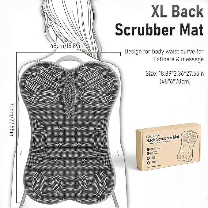 Back Scrubber Body Bath Cushion Tub Bathtub Back Lumbar Support Ergonomic Silicone XL Thick Soft Seat Pad Non-Slip Suction Cups Relaxing Spa Mat Exfloating Scrubbing Shower 28 x 19 Grey