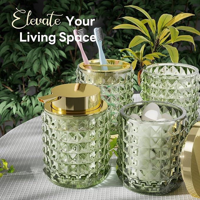 Bathroom Accessory Set with Plastic Wicker Basket,Glass Bathroom Accessories Set Green Bathroom Sets Bathroom Set, Diamond Soap Dispenser and Toothbrush Holder Set for Bathroom Decor