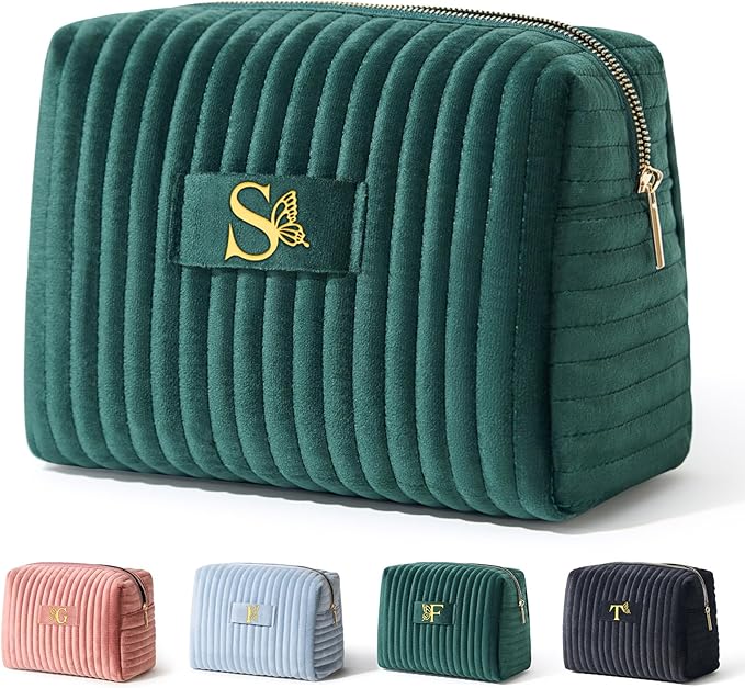 COSHAYSOO Personalized Birthday Retirement Gifts for Women Unique Travel Makeup Bag Quilted Make Up Cosmetic Pouch Woman Friend Gift Green Velvet Beauty Accessories Organizer Initial Letter S