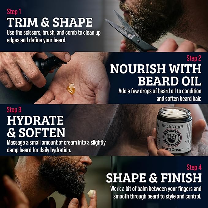Beard Kit for Men - Beard Care Kit with Balm, Oil & Cream - Includes Wooden Comb, Brush, Scissors & Travel Bag - Vegan, Hypoallergenic, Allergen-Free & Cruelty-Free Grooming Kit