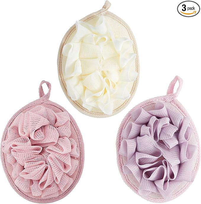 Boao 3 Pcs Bath Shower Pouf Sponge Mesh Pouf Shower Ball Exfoliating Body Sponge Pad Scrubber Glove with Flower Bath Ball (Beige,Dark Pink Purple)