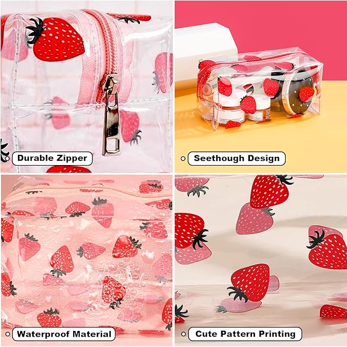Clear Makeup Bag, Small Clear Toiletry Bag for Travel, Cosmetic Makeup Organizer Bags with Zipper, Plastic PVC Pouch Transparent Zip for Purse Reusable TSA Approved Quart Size (Strawberry)