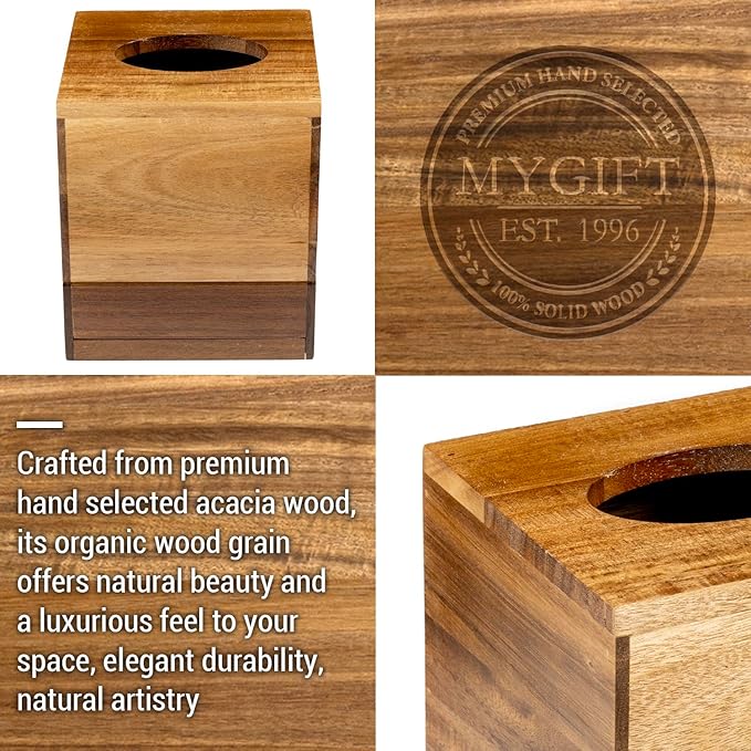 MyGift Premium Dual Tone Solid Acacia Wood Square Bathroom Facial Tissue Box Dispenser Holder Cover with Slide-Out Bottom Panel, 5.5 x 5.5 x 6.3 Inches