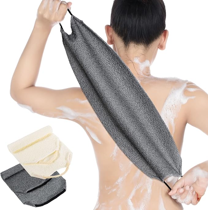 Back Scrubber for Shower Exfoliating Washcloth Back Cloth Body Extended Length Scrubber Towel Nylon Exfoliating Stretchable Pull Strap Wash Cloth for Bath Body Scrub Washcloth 2 Pack (Gray,White)