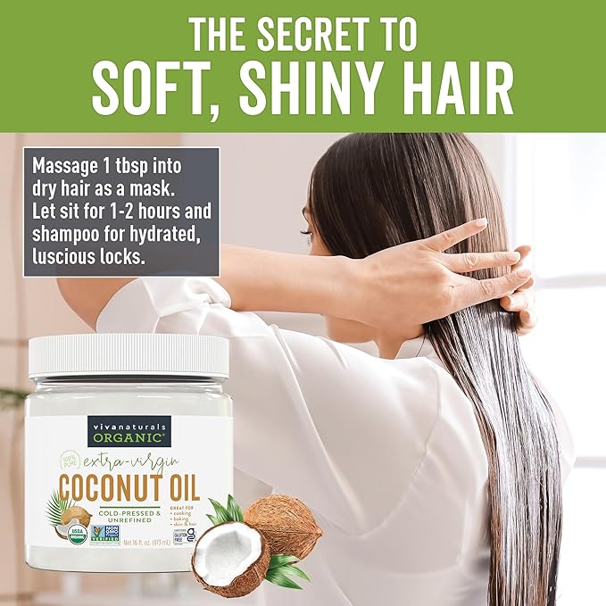 Viva Naturals Organic Coconut Oil, 16 fl oz – Unrefined, Cold-Pressed Extra Virgin Coconut Oil, USDA Organic & Non-GMO, Natural Cooking Oil, Hair Oil & Skin Oil