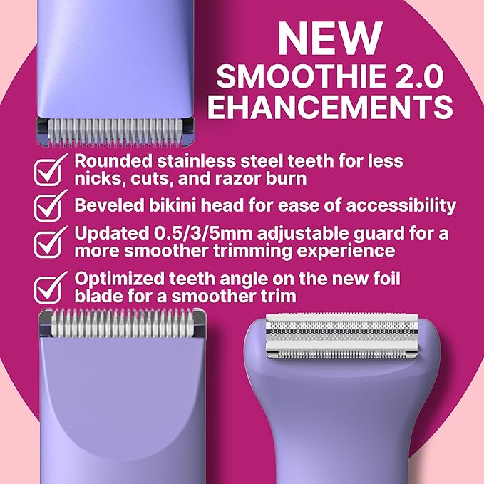 HAPPY CURVES Smoothie 2.0 Bikini Trimmer - Electric Razor for Women, Waterproof Hair Groomer with Adjustable Guards, Personal Shaver for Pubic Hair, Ladies Intimate Shaver and Body Trimmer (Guava)