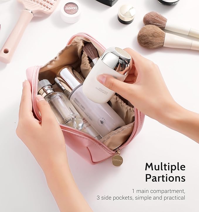 Aveniee Travel Makeup Bag, Large Toiletry Bag for Women, Vegan Leather Travel Pouches Case, Make Up Bag for Travel Essentials Brushes, Cosmetic Bag Purse Organizer with Divider and Gold Zippers-Pink