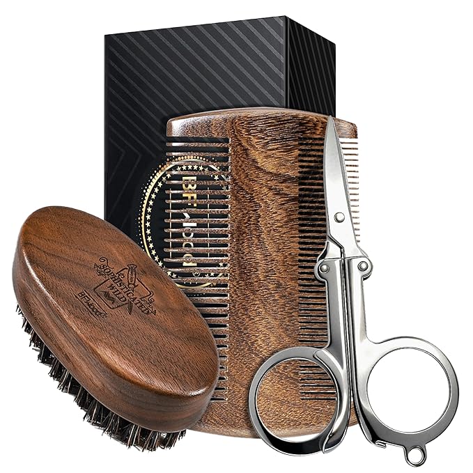 BFWood Mens Beard Brush Comb Kit, Small Travel Beard Set - Natural Boar Bristles With Black Walnut Wood, Grooming Sandalwood Mustache Comb, Mustache Trimming Sissors With Storage Bag