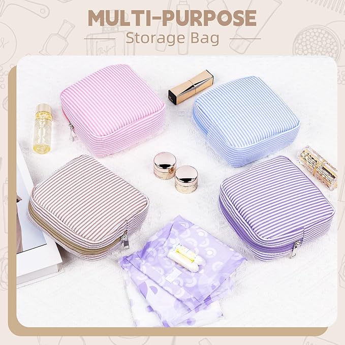 Period Bag for Teen Girls, Stripes Sanitary Napkin Storage Bag with Ring Buckle, Menstrual Pad Pouches Tampon Holder for Purse (Pink)