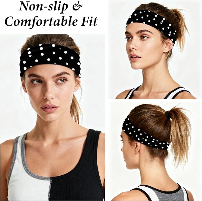 Headbands for Women Non-Slip Workout Hair Bands, 6 Pack Stretchy Athletic Soft Sweatbands, Elastic Cloth Fabric Headband, Fashion Head Bands for Yoga Running Sports Gym Sports Exercise