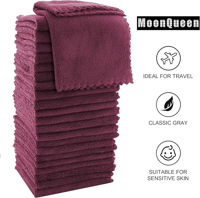 MOONQUEEN Ultra Soft Premium Washcloths Set - 12 x 12 inches - 72 Pack - Quick Drying - Highly Absorbent Coral Velvet Bathroom Wash Clothes (Burgundy)
