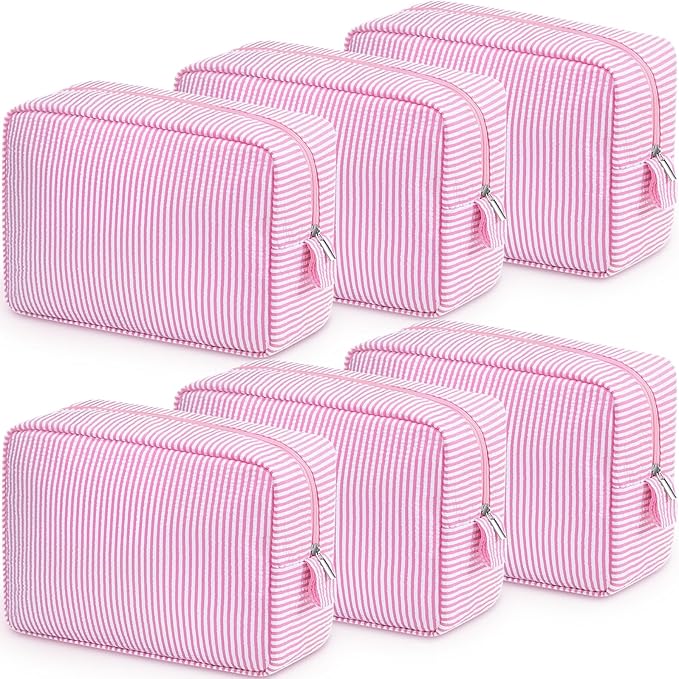 Sanwuta 6 Pcs Seersucker Cosmetic Bag Bulk Pinstripe Makeup Bag for Women Aesthetic Cute Travel Toiletry Organizer Preppy Storage Pouch for Wedding Bridesmaid Christmas Gift (Large,Pink)