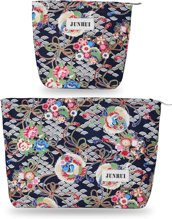 2PCS Makeup Pouch Small Cute Japanese Style Cosmetic Bag for Women，Cotton Toiletry Bag Pouch for Purse，Gilding Craft Makeup Bag with Zipper（Gold Black）