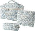 uekeboag 3Pcs Quilted Cotton Makeup Bag,Coquette Quilted Toiletry Bag for Women and Girls,Floral Coquette Pouch,Cute Kawaii Travel Cosmetic Bags(3Pcs LightBlue Flower)