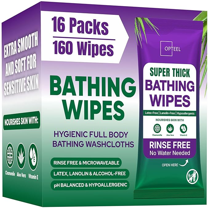Super Thick Bathing Wipes for Adults Bathing No Rinse – Full Body Shower Wipe, Ideal for Men, Women & Elderly – Extra Large & Soft Travel Wipes Perfect Alternative to Shower – 16 Packs (160ct)