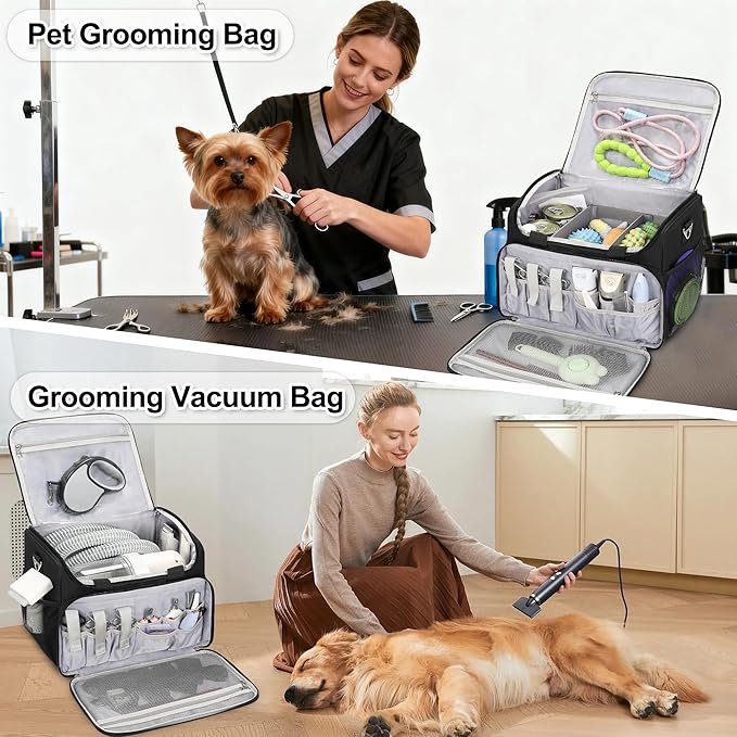 Dog Grooming Vacuum Bag, Pet Grooming Bag Extra Large Dog Grooming Storage Bag with Compartments Professional Travel Animal Groomer's Tool kit Bags for Supplies - for Dogs, Cat & Pet Groomers( Black)